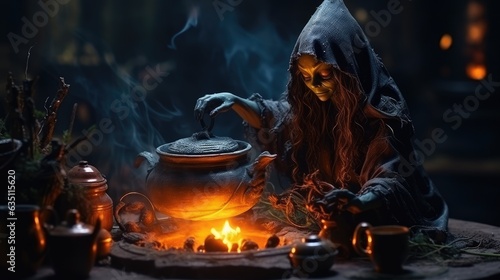 Foto Witch figurine preparing a brew in a miniature cauldron with a dark magical atmosphere