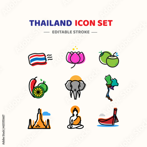 Thailand Icon Set Symbol Illustration Vector. Set of architecture, tradition, cuisine and more.