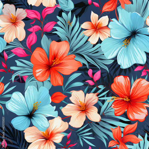 Tropical Floral Seamless Pattern with Hibiscus Flowers and Palm Leaves, Pretty painted flowers