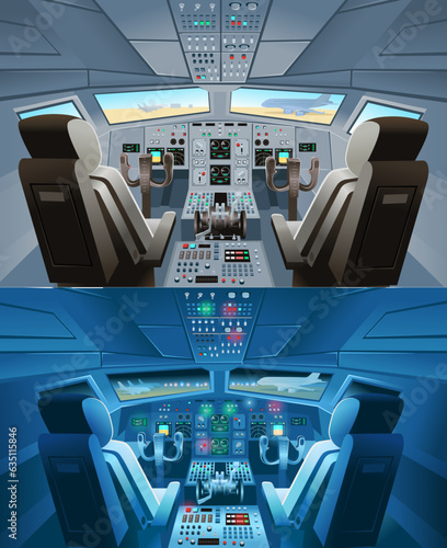 Set of cockpit day and night. Airplane cockpit view with panel buttons, dashboard control and pilot's chair with pilots. Airplane pilots cabin. Cartoon vector illustration.