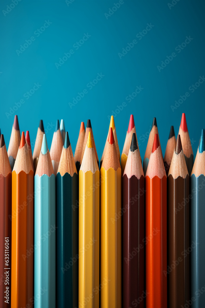 A row of colored pencils lined up against a blue background. AI generative A row of colored pencils lined up against a blue background. AI generative