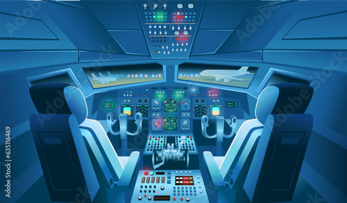 Airplane cockpit view with panel buttons, dashboard control and pilot's chair at night. Airplane pilots cabin. Cartoon vector illustration.