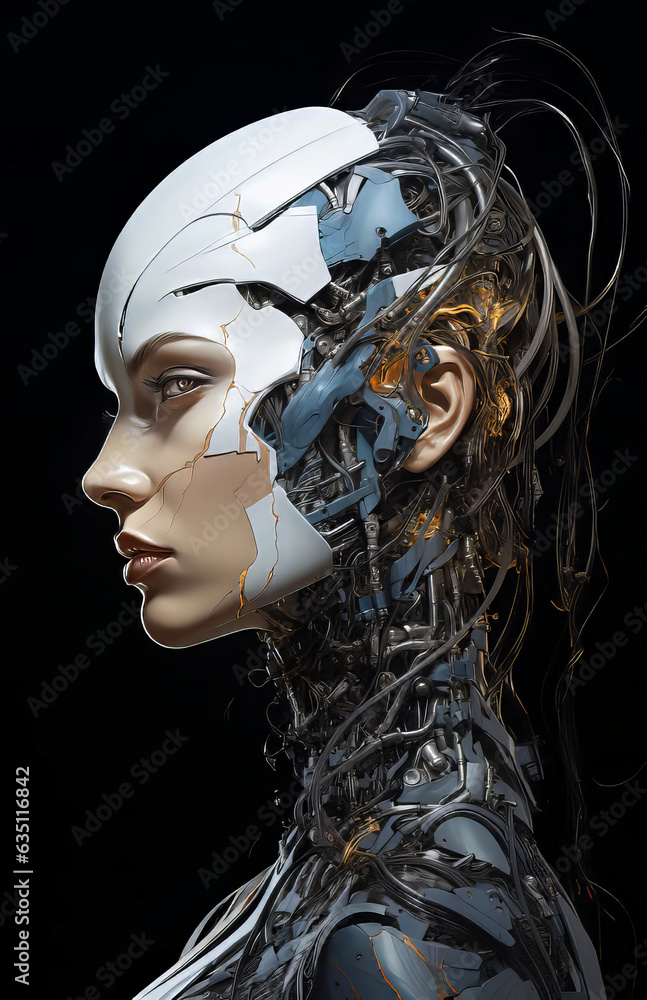 Cyber robot, female with artificial intelligence (AI), female cyborg, 3D graphic in real environment, Science-Fiction, face mask close-up, future,- AI-generated