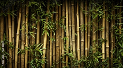 Bamboo wall background  Bamboo wall with green bamboo leaves.