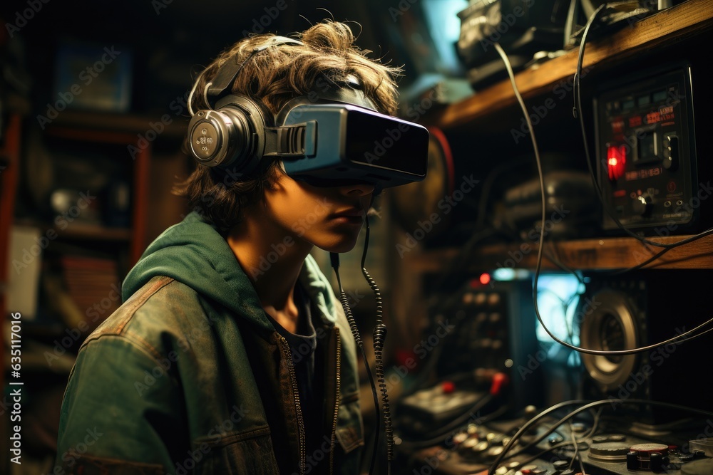 Boy wearing virtual reality headset. VR goggles innovation technology. Generative AI Boy wearing virtual reality headset. VR goggles innovation technology. Generative AI