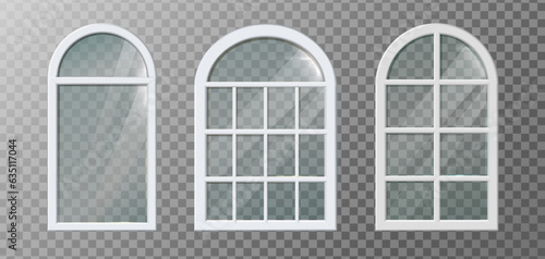 3d realistic vector icon illustration. Collection of white plastic arch window frames.