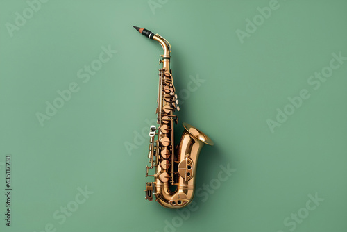 Saxophone - Golden alto saxophone on green background. Minimalism. Generative AI photo