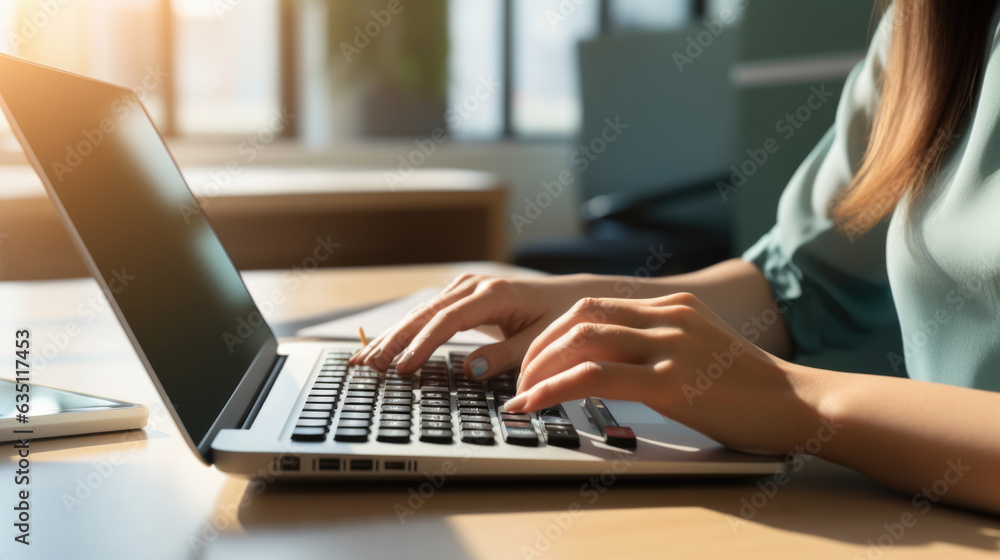 Closeup image of a business woman's hands working and typing on laptop keyboard on table. Created with Generative AI technology.
