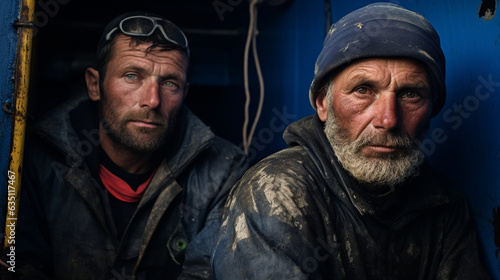 Professional sea fishermen aboard a fishing vessel, their weathered faces showing the marks of years spent at sea 