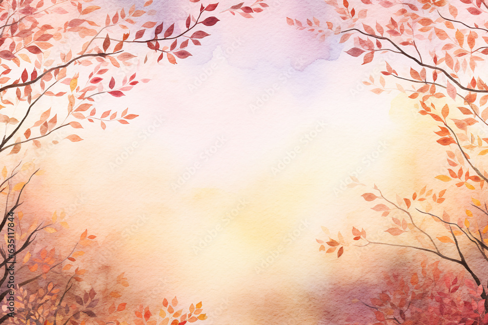 Autumn leaves background with a copy space. Watercolor illustration created with Generative Ai technology