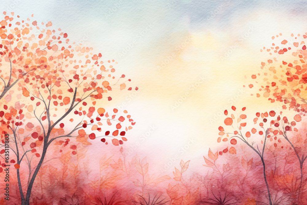 Autumn background with red trees. Watercolor illustration created with Generative Ai technology Autumn background with red trees. Watercolor illustration created with Generative Ai technology