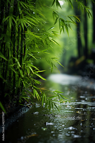 Foggy and rainy  bamboo forest. AI generative