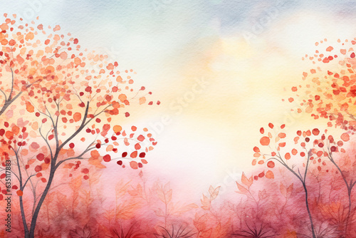 Autumn background with red trees. Watercolor illustration created with Generative Ai technology