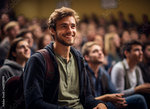Portrait of a smiling young man sitting in a lecture hall.