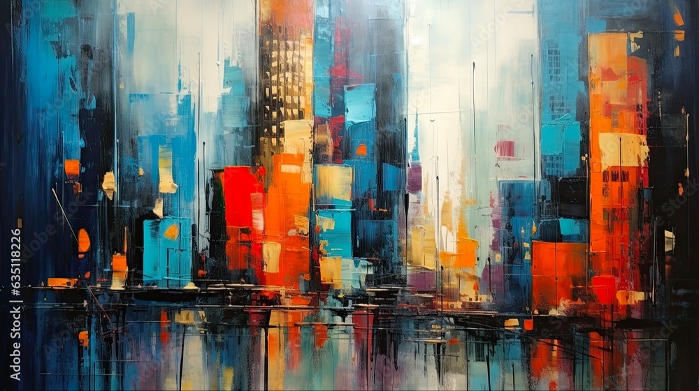 Abstract Painting of City Skyline with Skyscrapers. Urban Architecture Artistic View of Downtown Tower on Background. Generative AI
