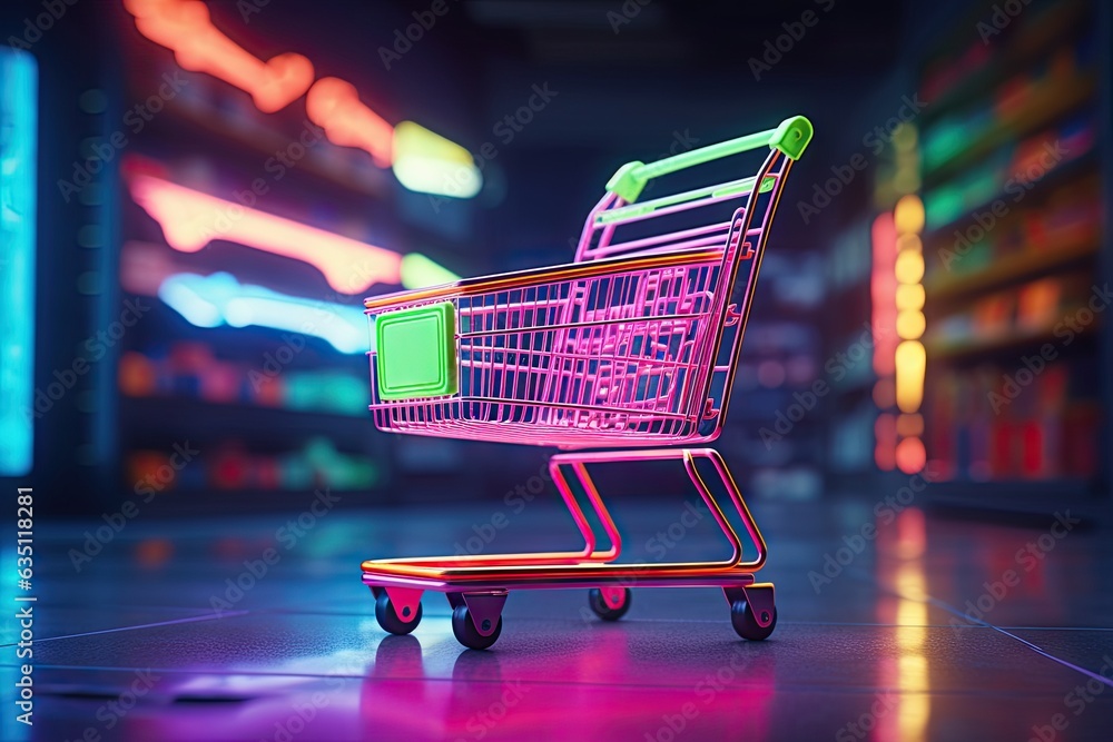 Evolving Symbolism of Shopping Carts in Contemporary Commerce. Trolley baskets in mall with neon lights