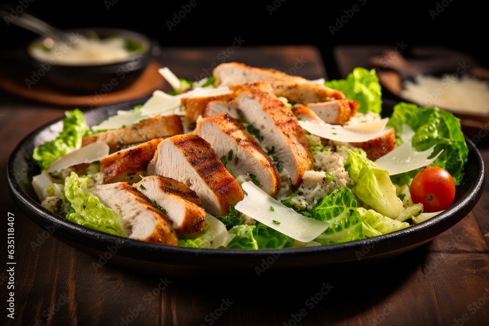 Grilled Chicken Caesar Salad with Parmesan Cheese and Lettuce on Romaine Bed. Generative AI