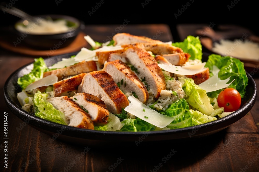 Grilled Chicken Caesar Salad with Parmesan Cheese and Lettuce on Romaine Bed. Generative AI Grilled Chicken Caesar Salad with Parmesan Cheese and Lettuce on Romaine Bed. Generative AI