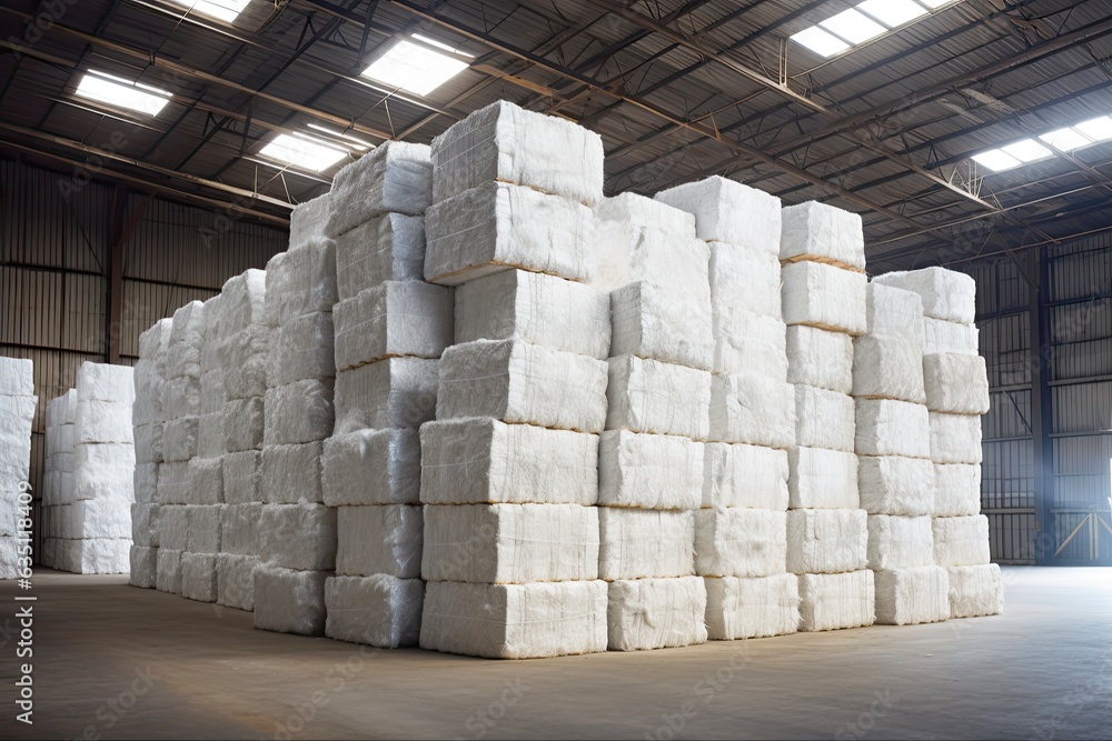 Industrial cotton textile storage in warehouse with white bales stacked in rows. Generative AI - obrazy, fototapety, plakaty 
