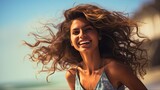 Incertidumbre - A Lovely Young Woman with Beautiful Hair, Smiling at the Beach on a Summer Day. Generative AI