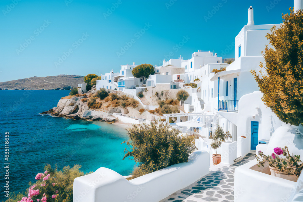 Fototapeta premium Old cycladic Greek village by the sea, with white houses and blue sea