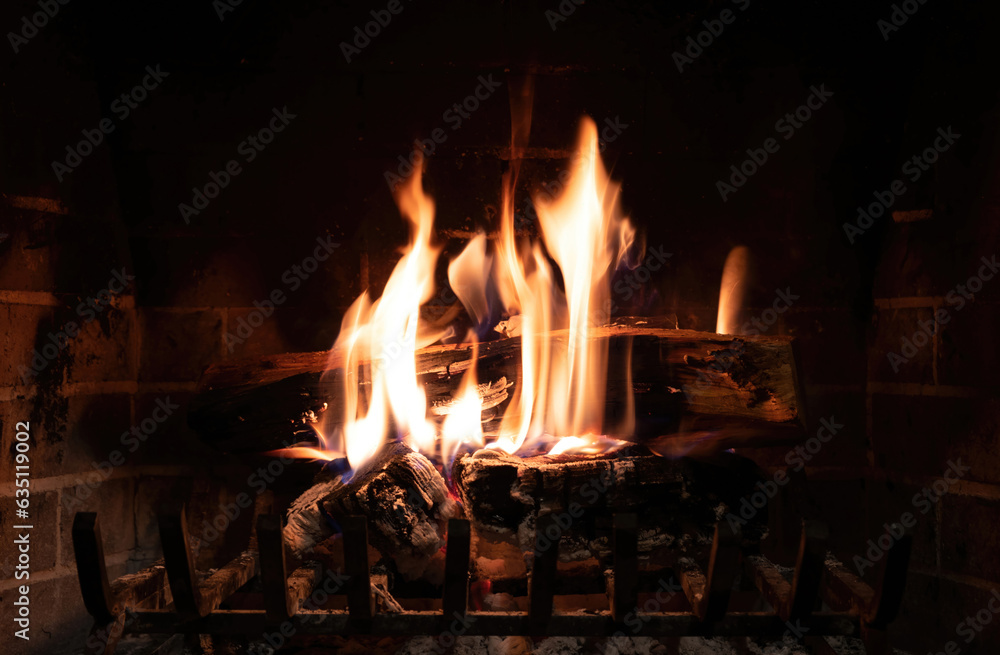 Fireplace close up, fire flame and burning wood log, warm home in winter