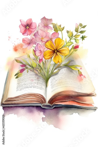 open book from which flowers grow, Watercolor illustration, isolated on a white © Iryna