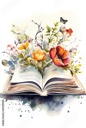 open book from which flowers grow, Watercolor illustration, isolated on a white