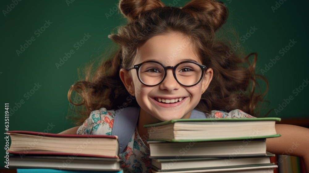 Little girl surrounded by books and smiles on dark green background. Created with Generative AI technology. Little girl surrounded by books and smiles on dark green background. Created with Generative AI technology.