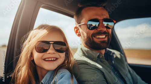 Dad and child riding in the car, laughing and smiling broadly as they travel. Created with Generative AI technology.