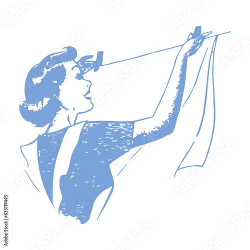 woman hangs clothes after washing housewife housework comfort retro style