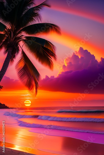 Sunset on the Tropical Beach On the golden sandy beaches  the setting sun paints the sky in shades of orange  pink and purple. Gentle waves kiss the shore  reflecting golden rays. Coconut trees gent