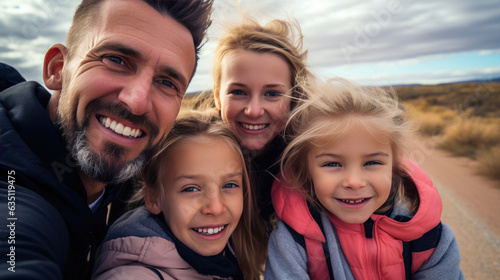 Happy Caucasian family of parents and two children taking selfies smiling. Created with Generative AI technology.