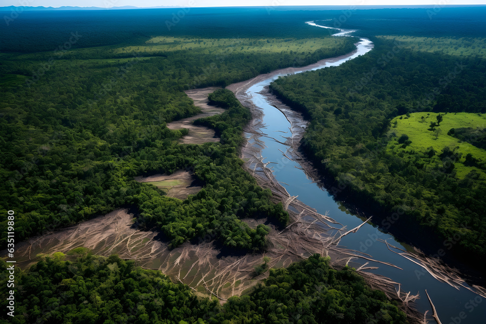 Aerial view of a river with tree trunks cut on the shore as a result of deforestation of the rainforest. Environment and nature conservation, climate change concept