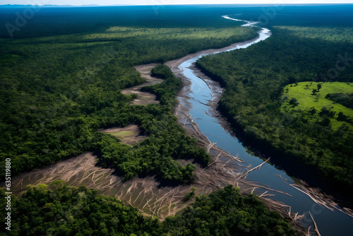 Aerial view of a river with tree trunks cut on the shore as a result of deforestation of the rainforest. Environment and nature conservation, climate change concept