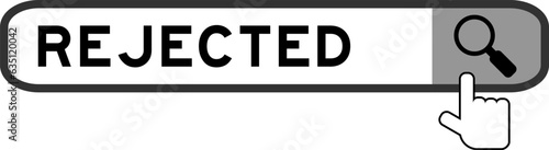 Search banner in word rejected with hand over magnifier icon on white background