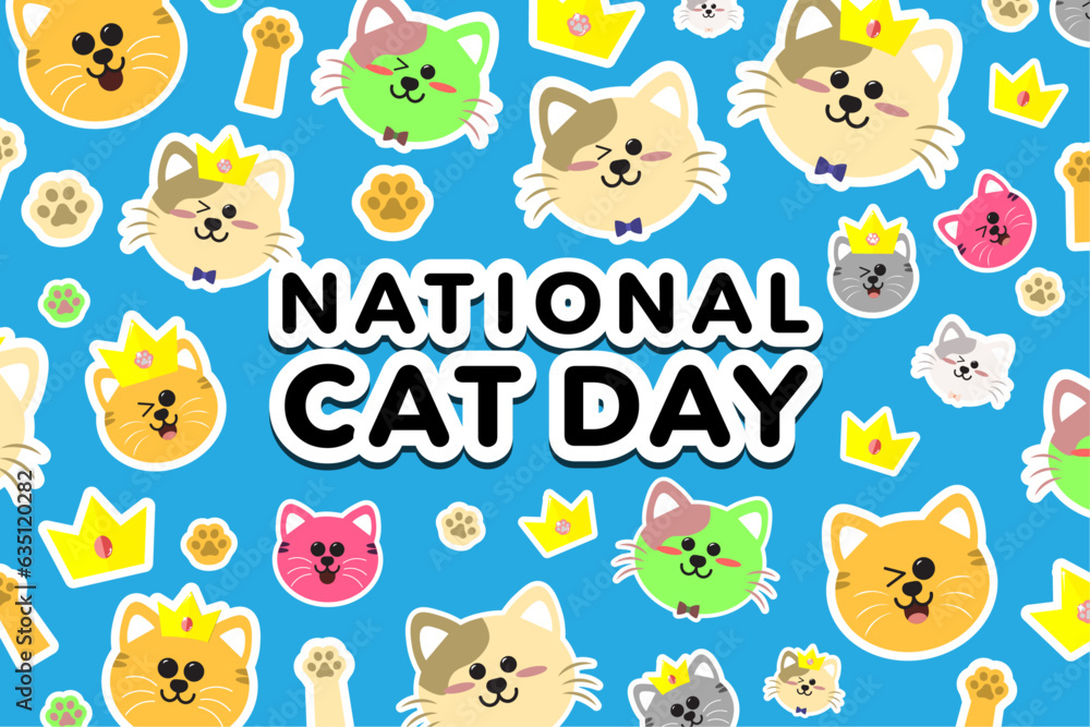 Obraz premium Cute National Cat Day Banner filled with Cartoon Cats and kittens with crowns. Winking Cat cartoon with smiley faces. Vector Illustration. EPS 10. 