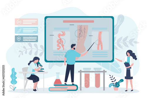 Group of phlebologists exam and research of varicose veins on legs. Doctors looking for effective prevention and treatment of varicose veins. Surgeons investigate causes of thrombosis problems.