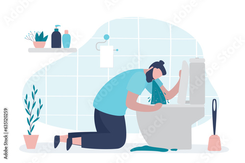 Sick man vomits in toilet. Alcohol poisoning concept. Unhappy man after night party with hangover near toilet bowl feels nauseous in bathroom.