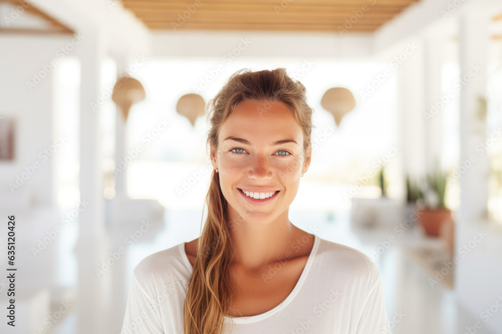 Portrait of happy and smiling yoga teacher in yoga retreat on Ibiza island Portrait of happy and smiling yoga teacher in yoga retreat on Ibiza island