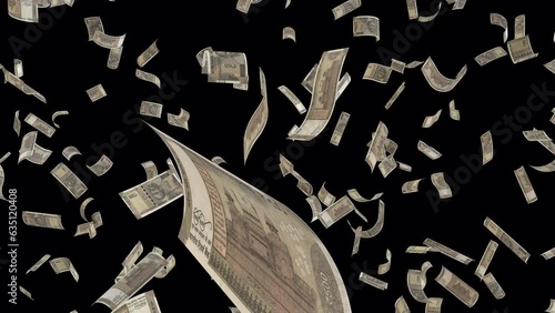 Dynamic Indian Rupee money bills transition from the side and exploding