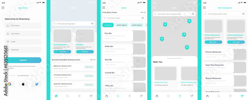Restaurant diner, Bar, Disco, Pub, Coffee Shop and tearoom Directory and Finder App Ui Kit Template