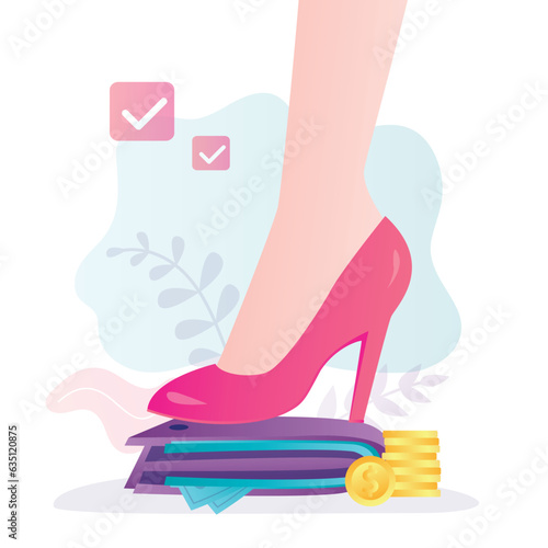 Woman foot steps on wallet with money. High-heeled shoe presses fat purse to floor. Feminism, strong woman controls family finances. Budget management, balance between income and expenses.