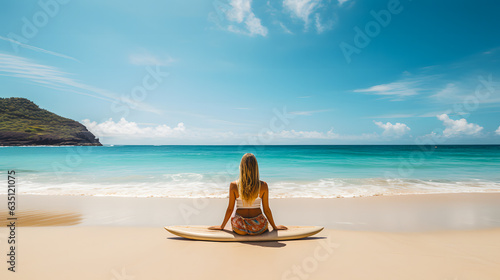  Une femme de dos sur la plage en train de faire une séance de méditation avant de faire du surf. En arrière-plan, de l'eau turquoise.