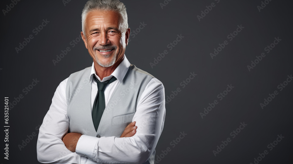 Successful businessman with crossed arms stands on a gray background. Successful businessman with crossed arms stands on a gray background.