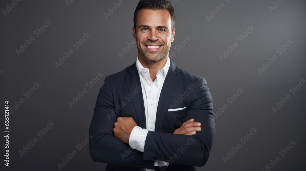 Successful businessman with crossed arms stands on a gray background. Successful businessman with crossed arms stands on a gray background.