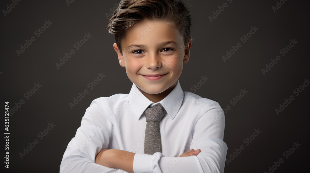 Boy in white shirt and tie on dark gray background. Boy in white shirt and tie on dark gray background.