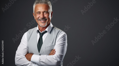 Successful businessman with crossed arms stands on a gray background.