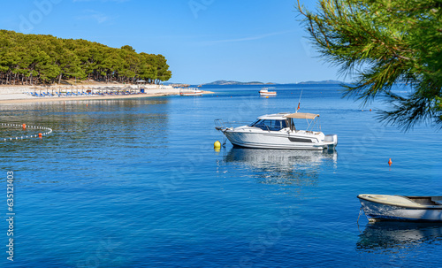 Beach and boats on the Adriatic coast. Primosten, Croatia. © Denis Rozhnovsky