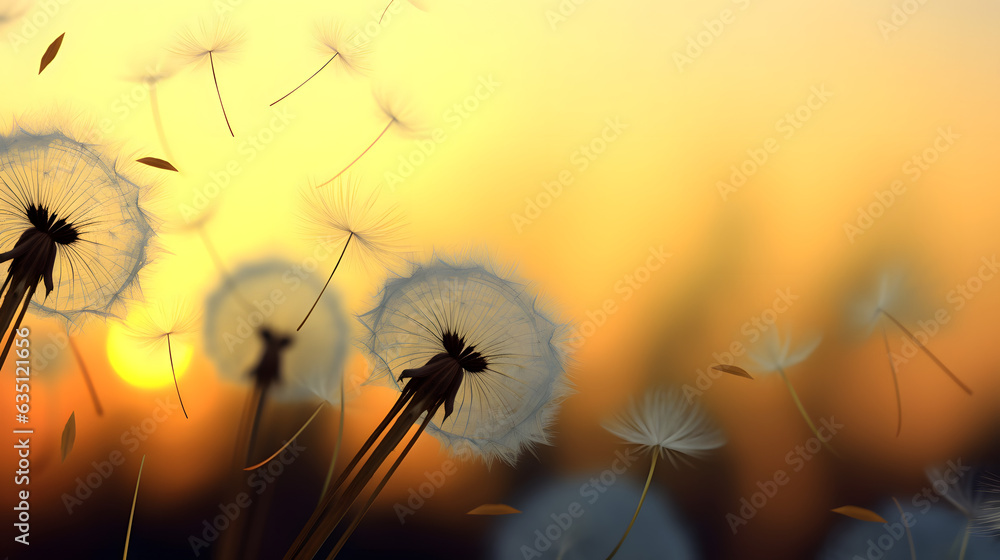 Golden sunset and dandelion, meditative zen background